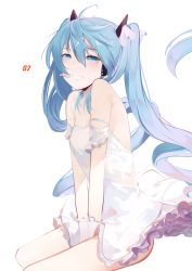 Rule 34 | 1girl, absurdres, ahoge, aqua eyes, aqua hair, bare shoulders, blue eyes, blue hair, blush, breasts, cleavage, commentary, dress, from side, hair between eyes, hair ornament, hatsune miku, headphones, headset, highres, long hair, looking at viewer, looking to the side, microphone, open mouth, simple background, sitting, sleeveless, sleeveless dress, small breasts, smile, solo, twintails, very long hair, vocaloid, white background, white dress, zeppeki shoujo