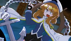 Rule 34 | 1girl, anchor, anchor print, arm up, black gloves, black shorts, blue eyes, blue shirt, bright pupils, brown hair, coat, coat on shoulders, colored eyelashes, cowboy shot, dutch angle, fingerless gloves, gloves, gold trim, hand on own hip, hat, kouzui nua, long hair, long sleeves, open mouth, original, peaked cap, priswocaer, shirt, shorts, smile, solo, touhou, two-sided coat, two-sided fabric, v-shaped eyebrows, white coat, white hat, white pupils, wonderful waking world