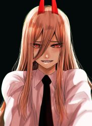 Rule 34 | 1girl, black background, chainsaw man, collared shirt, crying, eyelashes, hair between eyes, highres, hoshi san 3, long hair, long sleeves, open mouth, pink hair, power (chainsaw man), red eyes, sharp teeth, shirt, sleeves past elbows, smile, solo, tears, teeth, unusual pupils, white shirt