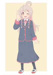 Rule 34 | 1girl, ;d, ahoge, black jacket, black pantyhose, black skirt, braid, colored inner hair, commentary, full body, grey hair, hair ornament, hairclip, hand up, highres, jacket, light blush, long hair, long skirt, long sleeves, looking at viewer, multicolored hair, neck ribbon, one eye closed, onii-chan wa oshimai!, open mouth, oyama mahiro, pantyhose, pink hair, pleated skirt, red ribbon, ribbon, rundraw, shoes, simple background, skirt, smile, solo, twin braids, two-tone hair, uwabaki, wading, wing collar, yellow background