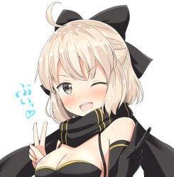 Rule 34 | 1girl, ;d, ahoge, aikawa ryou, bikini, black bikini, black bow, black gloves, black scarf, blush, bow, breasts, brown eyes, cleavage, commentary request, double v, fate/grand order, fate (series), gloves, hair bow, hands up, highres, light brown hair, medium breasts, okita j. souji (fate), okita j. souji (first ascension) (fate), okita souji (fate), okita souji (koha-ace), one eye closed, open mouth, scarf, simple background, single glove, smile, solo, swimsuit, translation request, upper body, v, white background