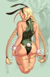 1girl ass bare_shoulders blonde_hair braid cammy_white from_behind leotard long_hair playboy_bunny rabbit_ears rabbit_tail rim_jims sleeveless street_fighter very_long_hair