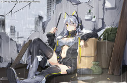 Rule 34 | 1girl, absurdres, animal ear headphones, animal ears, bad id, bad pixiv id, bag, black eyes, black jacket, black thighhighs, boots, breasts, bullet, bullpup, cartridge, cat ear headphones, cat ears, cleavage, closed mouth, cloud, cloudy sky, commentary, fake animal ears, grey footwear, gun, hair between eyes, headphones, heterochromia, highres, jacket, knee boots, long hair, long sleeves, looking at viewer, medium breasts, moong gya, navel, original, outdoors, overcast, partially unzipped, power symbol, puddle, rain, reflection, ruins, silver hair, sitting, sky, solo, symbol-shaped pupils, thighhighs, thighhighs under boots, turtleneck, water, watermark, weapon, weapon request, yellow eyes
