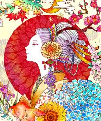 Rule 34 | 1girl, 8rami2ki, bow, branch, cloud, earrings, fish, floral print, flower, goldfish, hair bow, hair flower, hair ornament, half-closed eyes, highres, japanese clothes, jewelry, kimono, leaf, maple leaf, original, pale color, parted lips, profile, solo, sun, sunflower