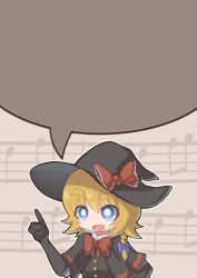 Rule 34 | 1girl, absurdres, black capelet, black gloves, black hat, black vest, blank speech bubble, blonde hair, blue eyes, blush, bow, bowtie, braid, bright pupils, buttons, capelet, commentary request, cookie (touhou), elbow gloves, gloves, hair between eyes, hat, hat bow, highres, kirisame marisa, kitsune kemono, medium hair, meguru (cookie), musical note, open mouth, purple bow, red bow, red bowtie, shirt, side braid, single braid, solo, speech bubble, staff (music), template, touhou, upper body, vest, white pupils, white shirt, witch hat