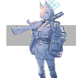 Rule 34 | 1girl, absurdres, alternate hairstyle, animal ear fluff, animal ears, armband, belt, blue archive, carrying over shoulder, clenched teeth, coat, collared shirt, extra ears, feet out of frame, gun, hair over one eye, hand in pocket, highres, holding, holding gun, holding weapon, kanna (blue archive), knee pads, load bearing vest, long sleeves, miniskirt, necktie, ningen (ningen96), open clothes, open coat, sharp teeth, shirt, short hair, shotgun, sidelocks, skirt, solo, spot color, standing, teeth, weapon