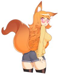 Rule 34 | 1girl, animal ear fluff, animal ears, ass, black thighhighs, blunt bangs, chestnut mouth, commission, fox ears, fox tail, freckles, glasses, halphelt, highres, long hair, long sleeves, looking at viewer, looking back, orange hair, original, pink-tinted eyewear, pink-tinted glasses, pink eyes, shorts, simple background, solo, standing, sunglasses, sweater, tail, thighhighs, tinted eyewear, very long hair, white background, yellow sweater