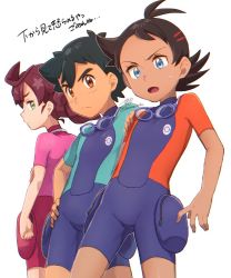 Rule 34 | 1girl, 2boys, alternate costume, antenna hair, ash ketchum, black hair, blue eyes, bodysuit, brown eyes, brown hair, chloe (pokemon), closed mouth, creatures (company), diving suit, eyelashes, from below, game freak, goggles, goggles around neck, goh (pokemon), green eyes, hand on own hip, highres, long hair, multiple boys, nintendo, official alternate costume, open mouth, poke ball symbol, pokemon, pokemon (anime), pokemon journeys, pouch, short hair, short sleeves, simple background, sweatdrop, tongue, translation request, wetsuit, white background, ze (0enmaitake)