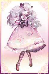 Rule 34 | 1girl, border, bow, commentary request, curly hair, dress, frilled dress, frills, full body, grey hair, hair bow, hand on own shoulder, juexing (moemoe3345), lolita fashion, long hair, long sleeves, neck ribbon, one eye closed, open mouth, original, outstretched hand, pantyhose, pegasus, print dress, print pantyhose, purple eyes, ribbon, rocking horse, shoes, solo