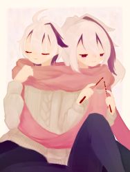Rule 34 | 2girls, beige sweater, black pants, closed eyes, commentary, dual persona, flower (vocaloid), flower (vocaloid3), flower (vocaloid4), highres, knitting, knitting needle, light smile, long hair, multicolored hair, multiple girls, needle, pants, pink background, pink scarf, ponytail, purple hair, santendot, scarf, short hair, sitting, streaked hair, vocaloid, white hair