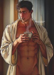 1boy abs artist_name bara bare_pectorals bathrobe black_hair collarbone commentary cropped cup curtains english_commentary highres higuruma_hiromi holding holding_cup indoors instagram_username jujutsu_kaisen male_focus muscular muscular_male navel nipples open_clothes open_robe paid_reward_available parted_lips pectorals penis robe short_hair solo steam teeth twitter_username upper_body urielbeaupre15 white_robe