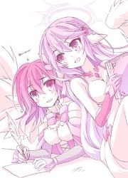 Rule 34 | 2girls, angel wings, bad id, bad twitter id, bare shoulders, blush, book, breasts, cleavage, commentary request, spiked halo, crop top, cross, dress, embarrassed, feathered wings, flower, gloves, hair flower, hair ornament, halo, happy, jibril (no game no life), large breasts, long hair, low wings, magic circle, medium breasts, midriff, minazoi kuina, multiple girls, no game no life, open mouth, paper, quill, short hair, sideboob, sitting, smile, stephanie dora, symbol-shaped pupils, twitter username, very long hair, wing ears, wings, writing
