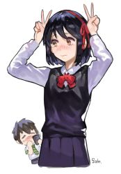 Rule 34 | 1boy, 1girl, = =, absurdres, bad id, bad twitter id, black hair, black shirt, black skirt, blush, blush stickers, brown eyes, brown hair, cellphone, closed mouth, commentary request, double v, green necktie, hairband, hands up, highres, holding, holding phone, kimi no na wa., long sleeves, looking at another, miyamizu mitsuha, neck ribbon, necktie, outline, phone, pleated skirt, red hairband, red ribbon, ribbon, school uniform, shirt, short hair, signature, simple background, skirt, smartphone, sohn woohyoung, tachibana taki, taking picture, v, white background, white shirt