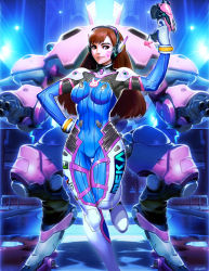 Rule 34 | 1girl, animal print, blizzard (company), breasts, brown eyes, brown hair, d.va (overwatch), facial mark, female focus, genzoman, gun, hand on own hip, high collar, long hair, mecha, overwatch, overwatch 1, rabbit print, robot, skin tight, smile, solo, thigh gap, weapon, whisker markings