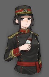 Rule 34 | 1girl, absurdres, alcohol, bottle, brown eyes, brown hair, buttons, double-breasted, epaulettes, grey background, hat, highres, holding, holding bottle, korea, looking at viewer, mandarin collar, military, military uniform, open mouth, original, peaked cap, pzkpfwi, sash, sidelocks, simple background, sleeve cuffs, soldier, solo, uniform, upper body