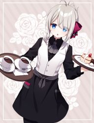 Rule 34 | 1girl, ahoge, ascot, black pantyhose, black shirt, black skirt, blue eyes, bow, brown background, coffee, collared shirt, commission, copyright request, cup, diagonal stripes, dress shirt, eyes visible through hair, floral background, folded ponytail, food, fruit, grey ascot, grey hair, hair bow, hair over one eye, hazakura chikori, highres, holding, holding tray, long hair, long sleeves, pantyhose, parted lips, purple bow, saucer, shirt, sidelocks, skirt, solo, spoon, strawberry, striped, striped background, tray, vest, white vest