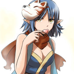 Rule 34 | 1girl, blue hair, blue kimono, breasts, cleavage, commentary request, fox mask, heart, heart in mouth, japanese clothes, kimono, looking at viewer, mask, mask on head, medium breasts, natsuya (kuttuki), ninja (ragnarok online), pointy ears, ragnarok online, red scarf, scarf, short hair, simple background, sleeveless, sleeveless kimono, solo, upper body, white background, yellow eyes