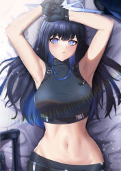 Rule 34 | 1girl, armpits, arms up, assault rifle, bare shoulders, baseball cap, bed sheet, belt, black belt, black gloves, black hair, black hat, black pants, black shirt, blue archive, blue eyes, blush, breasts, buckle, chest harness, closed mouth, commentary, cowboy shot, crop top, gloves, groin, gun, halo, harness, hat, highres, lens flare, long hair, looking at viewer, lying, medium breasts, midriff, navel, on back, pants, rifle, saionji 8, saori (blue archive), shirt, sidelocks, sig 516, sig sauer, sleeveless, sleeveless shirt, snap-fit buckle, solo, underbust, unworn hat, unworn headwear, weapon