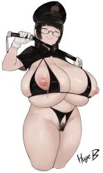 Rule 34 | 1girl, artist name, bikini, black bikini, black hair, black hat, blunt bangs, breasts, cleavage, closed eyes, closed mouth, commentary request, cowboy shot, cropped legs, crotchless, crotchless bikini, facing viewer, gigantic breasts, glasses, gloves, hat, highres, holding, holding whip, huge b (fantia 511782), mole, mole under eye, nipples, original, pubic hair, semi-rimless eyewear, short sleeves, simple background, solo, swimsuit, thick thighs, thighs, under-rim eyewear, white background, white gloves, wing collar, zipper pull tab