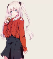 Rule 34 | 1girl, alternate costume, arm at side, black skirt, blue eyes, blunt bangs, blush, casual, cowboy shot, cup, drinking, fate/grand order, fate (series), grey background, hair ornament, highres, holding, holding cup, lips, long hair, long sleeves, marie antoinette (fate), red sweater, ribbed sweater, ryuu., silver hair, simple background, skirt, sleeves past wrists, smile, solo, standing, sweater