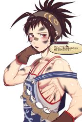 Rule 34 | 1boy, ahoge, arm behind head, bandages, bandage on face, brown gloves, brown hair, gloves, headband, highres, kayaharu, looking at viewer, male focus, megido72, nipple slip, nipples, off shoulder, overalls, ponytail, red eyes, screw, simple background, solo, soot, sweat, thamus (megido72), toothpick, upper body, white background