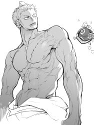 Rule 34 | 1boy, abs, absurdres, bara, doodle inset, frown, greyscale, highres, large pectorals, long sideburns, looking to the side, male focus, monochrome, muscular, muscular male, nipples, nowosuke, one piece, pectorals, roronoa zoro, scar, scar across eye, short hair, shredded muscles, sideburns, solo, stomach, v-taper, veins, veiny arms
