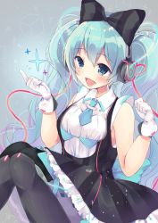 Rule 34 | 1girl, :d, aqua eyes, aqua hair, beamed semiquavers, black bow, black footwear, black thighhighs, blush, boots, bow, breasts, cube, dress, frilled dress, frills, gloves, green hair, grey background, hair between eyes, hair bow, hands up, hatsune miku, headphones, highres, index finger raised, irone (miyamiya38), knees together feet apart, long hair, magical mirai (vocaloid), magical mirai miku, magical mirai miku (2016), medium breasts, minim, musical note, open mouth, pinafore dress, quaver, shirt, sleeveless, sleeveless dress, sleeveless shirt, smile, solo, sparkle, star (symbol), starry background, striped bow, striped clothes, striped dress, thighhighs, treble clef, twintails, vocaloid, wavy hair