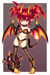 Rule 34 | &gt;:), 1girl, animal print, bandeau, bare shoulders, bat wings, bikini, black gloves, boots, breasts, chibi, choker, cleavage, collar, collarbone, cross-laced clothes, demon, demon girl, demon horns, demon wings, detached sleeves, elbow gloves, envenomist (gengoroumaru), fire, fishnet thighhighs, fishnets, full body, fur trim, gloves, gradient background, grey background, groin, hiding, highres, horns, index finger raised, ines (lucent heart), leopard print, light smile, looking at viewer, lucent heart, navel, no pupils, orange bikini, parted bangs, peeking, pointy ears, print bikini, red eyes, red hair, short hair, short twintails, sidelocks, small breasts, smile, solo, spiked collar, spikes, standing, swimsuit, tail, thighhighs, twintails, v-shaped eyebrows, wings