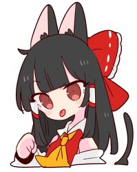 Rule 34 | 1girl, animal ears, ascot, black hair, bow, cat ears, cat tail, collar, detached sleeves, hair bow, hair tubes, hakurei reimu, highres, long hair, nontraditional miko, op na yarou, paw pose, red bow, red eyes, red shirt, ribbon trim, shirt, sidelocks, simple background, sleeveless, solo, tail, touhou, upper body, white background, white collar, yellow ascot