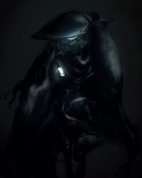 Rule 34 | 1girl, armor, black cloak, black gloves, cloak, covered face, dark, facing viewer, gloves, glowing, green theme, hand up, hat, long sleeves, made in abyss, marudoll, ozen, sitting, solo