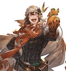 Rule 34 | 1boy, bandana, belt, brown gloves, cape, closed eyes, gift, gloves, granblue fantasy, hand on own hip, incoming gift, long hair, male focus, minaba hideo, nezahualpilli, official art, open mouth, orange scarf, pouch, scarf, smile, solo, transparent background, white day