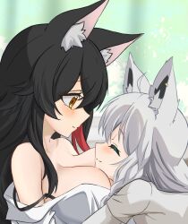 Rule 34 | ahoge, animal ear fluff, animal ears, bare shoulders, black hair, blush, braid, breast pillow, breasts, brown eyes, cleavage, closed eyes, cuddling, eye contact, face-to-face, face to breasts, fox ears, fox girl, grey hair, head on chest, hololive, hug, kagami yoshino, long hair, looking at another, multicolored hair, off shoulder, ookami mio, shirakami fubuki, shirt, smile, streaked hair, upper body, virtual youtuber, white shirt, wolf ears, wolf girl, yuri