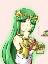 Rule 34 | 1girl, armlet, blush, body blush, box, breasts, choker, cleavage, collarbone, dress, eating, forehead jewel, from side, green hair, holding, jewelry, kid icarus, kid icarus uprising, large breasts, long hair, namaixy, necklace, nintendo, palutena, parted bangs, pendant, setsubun, solo, soybean, strapless, strapless dress, swept bangs, tiara, upper body, vambraces, very long hair