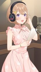 Rule 34 | 1girl, :d, bare arms, black headphones, blush, bracelet, brown hair, character name, dress, floral print, flower, frilled dress, frills, hair between eyes, hair flower, hair ornament, hairclip, hand on headphones, hand on headwear, headphones, highres, hinata yuka, holding, holding paper, indie virtual youtuber, indoors, jewelry, microphone, neck ribbon, open mouth, paper, pink dress, pink ribbon, pop filter, purple eyes, recording studio, ribbon, short hair, sleeveless, sleeveless dress, smile, solo, studio microphone, tsukana (saba mizore), virtual youtuber