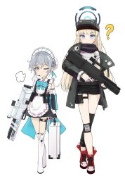 Rule 34 | 2girls, ?, absurdres, alternate costume, apron, aqua bow, assault rifle, asymmetrical legwear, black shorts, blue archive, boots, bow, briefcase, bullpup, caseless firearm, coat, cosplay, costume switch, crossover, dhk117, earpiece, fingerless gloves, full body, g11 (girls&#039; frontline), g11 (girls&#039; frontline) (cosplay), girls&#039; frontline, gloves, grey hair, gun, h&amp;k g11, halo, hat, high-capacity magazine, highres, holding, holding briefcase, holding gun, holding weapon, horizontal magazine, knee pads, maid, maid apron, maid headdress, multiple girls, one eye closed, pouch, prototype design, rifle, scarf, short shorts, shorts, standing, thigh pouch, toki (blue archive), toki (blue archive) (cosplay), trigger discipline, weapon, white background