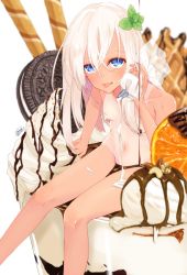 Rule 34 | 1girl, :p, alakoala, blonde hair, blue eyes, chocolate, chocolate on body, chocolate on breasts, chocolate syrup, convenient censoring, cookie, cream, cream on body, cream on face, flat chest, food, food on body, food on face, fruit, highres, ice cream, kantai collection, long hair, navel, nude, one-piece tan, orange (fruit), petite, ro-500 (kancolle), sandwich cookie, solo, tan, tanline, tongue, tongue out, waffle, wakamezake