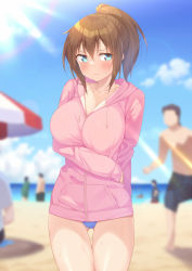 Rule 34 | 1girl, arm under breasts, beach, blue eyes, blurry, blurry background, blush, breasts, brown hair, collarbone, commentary request, cowboy shot, day, drawstring, gluteal fold, hair between eyes, highres, hood, hood down, hooded jacket, jacket, kazuma (kazumav), large breasts, long sleeves, looking at viewer, original, outdoors, pink jacket, ponytail, solo focus, sunlight, thigh gap