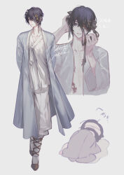 Rule 34 | 1boy, bandage over one eye, black eyes, black hair, burn scar, coat, flower, flower over eye, grey coat, hanbok, highres, korean clothes, limbus company, long sleeves, looking at viewer, multiple views, pants, parted lips, project moon, sandals, satome setsuko, scar, signature, simple background, translation request, white background, white hanbok, white pants, yellow flower, yi sang (project moon)