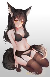 Rule 34 | 1girl, absurdres, animal ear fluff, animal ears, artist name, black bra, black panties, black thighhighs, blush, bra, breasts, cleavage, commentary, commission, english commentary, fox ears, fox girl, fox tail, full body, garter belt, grey background, highres, large breasts, lips, long hair, looking at viewer, navel, original, panties, rinkosannn, seiza, simple background, sitting, solo, stomach, tail, thighhighs, thighs, underwear, underwear only, yellow eyes