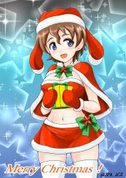 Rule 34 | 1girl, akaboshi koume, blue background, blue eyes, bow, breasts, brown hair, capelet, christmas, cleavage, commentary request, cowboy shot, crop top, fur-trimmed capelet, fur-trimmed skirt, fur trim, gift, girls und panzer, green bow, hat, highres, holding, holding gift, looking at viewer, medium breasts, merry christmas, microskirt, midriff, mittens, navel, nspa (spa-jcs), open mouth, red capelet, red mittens, red shirt, red skirt, santa costume, santa hat, shirt, short hair, skirt, smile, solo, sparkle, standing, star (symbol), star ornament, starry background, thighhighs, twitter username, wavy hair, white thighhighs