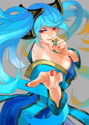 Rule 34 | 1girl, artist request, bare shoulders, blue dress, blue hair, breasts, cleavage, collarbone, dress, expressionless, finger to mouth, grey background, hair tubes, league of legends, lipstick, long hair, makeup, nail polish, off-shoulder dress, off shoulder, red eyes, red nails, simple background, solo, sona (league of legends), twintails, very long hair