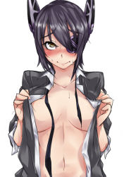 Rule 34 | 10s, 1girl, black hair, eyepatch, highres, inuwi (yokose y), kantai collection, necktie, no bra, open clothes, simple background, sleeves pushed up, smile, solo, sweat, tenryuu (kancolle), undone necktie, white background, yellow eyes