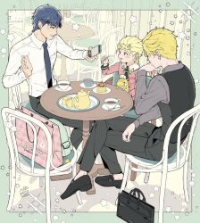 Rule 34 | 2022, 3boys, aged down, backpack, bag, black footwear, black pants, black vest, blonde hair, blue hair, blue necktie, blush, braid, cellphone, chair, child, crossed legs, cup, dio brando, family, father and son, food, giorno giovanna, grey shirt, holding, holding phone, implied yaoi, jojo no kimyou na bouken, jonathan joestar, long sleeves, looking at phone, morino peko, multiple boys, necktie, outdoors, pants, phone, pudding, shirt, shopping bag, short hair, sitting, smartphone, smile, stuffed animal, stuffed toy, table, taking picture, teacup, teapot, vento aureo, vest, white shirt