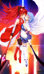 Rule 34 | 10s, 2girls, black legwear, blue eyes, blue hair, blush, boots, bow, breasts, cape, cheek-to-cheek, cleavage, dress, fang, fortissimo, frills, gloves, hair bow, hair ornament, heads together, highres, holding, long hair, mahou shoujo madoka magica, mahou shoujo madoka magica (anime), medium breasts, miki sayaka, multiple girls, musical note, musical note hair ornament, one eye closed, open mouth, parted lips, pleated skirt, polearm, ponytail, red eyes, red footwear, red hair, sakura kyoko, short hair, skirt, small breasts, soul gem, spear, sword, thighhighs, umeboshi jin, weapon, white gloves, white legwear, wink