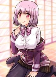 Rule 34 | 10s, 1girl, :q, black pantyhose, bow, breasts, full body, gridman universe, jacket, kataro, large breasts, light purple hair, looking at viewer, miniskirt, no shoes, off shoulder, pantyhose, pleated skirt, purple bow, purple jacket, red eyes, shinjou akane, shirt, short hair, sitting, skirt, solo, ssss.gridman, tongue, tongue out, unzipped, wariza