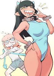 Rule 34 | 2girls, aged down, ahoge, alternate breast size, armpits, bare shoulders, black-framed eyewear, black hair, blue bodysuit, blue eyes, blue horns, blue shorts, blue tail, blunt bangs, blunt ends, blush, bodysuit, breasts, bright pupils, cameltoe, collar, colo (nagrolaz), commentary, cowboy shot, cuffs, demon horns, demon tail, denim, denim shorts, english commentary, feet out of frame, flat chest, glasses, gradient background, groin, hand on own hip, hand on own face, hand up, highres, holding another&#039;s tail, horns, large breasts, long hair, looking at another, mephia, metal collar, multiple girls, open mouth, orange hair, rita (sweethex), shackles, sharp teeth, shirt, short eyebrows, short sleeves, shorts, sidelocks, simple background, smile, standing, straight hair, sweethex, tail, tail pull, teeth, thick eyebrows, two-tone background, upper teeth only, wavy mouth, white background, white pupils, white shirt, yellow background, yellow eyes