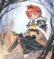 Rule 34 | 1girl, black gloves, blush, breasts, brown eyes, cape, earrings, framed breasts, fur trim, gloves, headband, highres, jewelry, knees together feet apart, lina inverse, long hair, orange hair, rein00, ribbed sweater, shoulder pads, sitting, slayers, small breasts, smile, solo, sweater