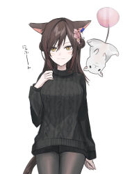 Rule 34 | 1girl, animal ears, aran sweater, black shorts, black sweater, breasts, brown hair, brown pantyhose, cable knit, cat ears, cat girl, cat tail, chihuri, closed mouth, double bun, facial mark, final fantasy, final fantasy xiv, flower, hair bun, hair flower, hair ornament, hand up, highres, long hair, long sleeves, medium breasts, miqo&#039;te, pantyhose, pantyhose under shorts, pink flower, puffy long sleeves, puffy sleeves, short shorts, shorts, silkie (ff14), simple background, smile, solo, sweater, tail, translation request, warrior of light (ff14), whisker markings, white background