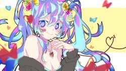 Rule 34 | 1girl, 3774., ai kotoba iii (vocaloid), aqua eyes, aqua hair, aqua nails, bandaid, bandaid on face, bare shoulders, blush, bow, bowtie, breasts, cleavage, commentary, flower, hair bow, hair flower, hair ornament, hatsune miku, heart, heart necklace, jewelry, long hair, looking at viewer, nail polish, necklace, smile, solo, sparkle, string, string of fate, twintails, upper body, very long hair, vocaloid