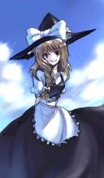Rule 34 | 1girl, apron, arms behind back, blonde hair, cloud, day, female focus, grin, hat, kirisame marisa, long hair, onimaru gonpei, sky, smile, solo, touhou, witch, witch hat